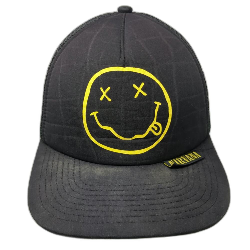 Nirvana Trucker Hat Black OSFM Smiley Face Logo Mesh Back Snapback Band Merch